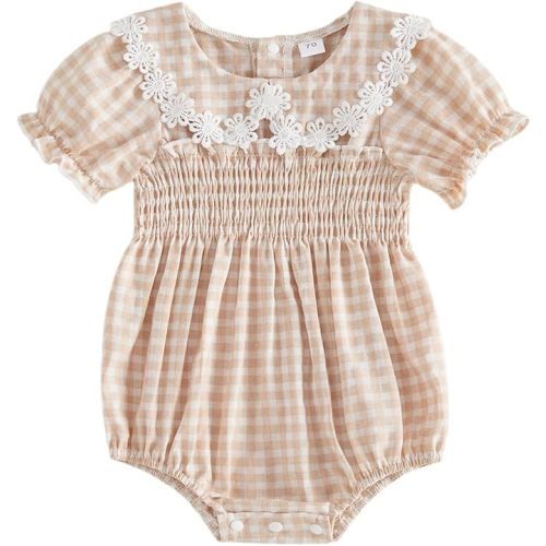 MERSARIPHY Newborn Baby Girl Summer Clothes Peter Pan Collar Plaid Flower Smocked Bubble Short Sleeve Romper One Piece Outfit
