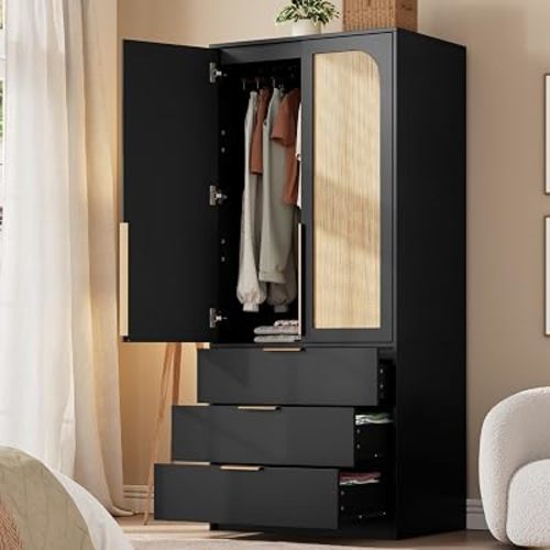 Garvee 70" Wardrobe Armoire Wooden Closet with 2 Doors and 3 Drawers, Bedroom Armoire with Hanging Rod Shelf, Large Capacity Storage Wardrobe Armoire, Freestanding Wooden Closet Storage Cabinet