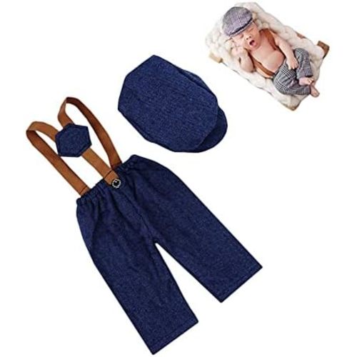 Newborn Monthly Baby Photo Props Stripe Checked Flat Cap Newsboy Suspender Pants Romper for Photography Outfits