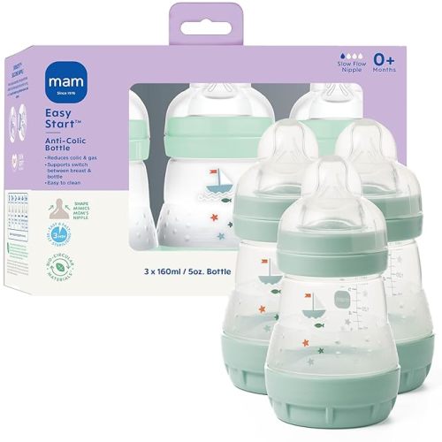MAM 5oz Easy Start Anti-Colic Wide Neck Vented Baby Bottle, Slow Flow Breastfeeding-Like Nipple,Reduces Colic Gas & Reflux, Easy Clean, BPA Free,0+ Months, Made in Europe,Bonus Medium Flow Nipple