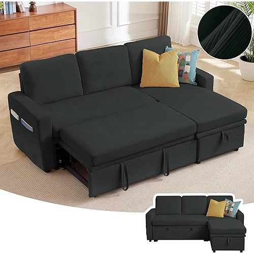 Pull Out Sleeper Sofa Bed, 2 in 1 Pull Out Comfy Corduroy Couch with Storage & Side Pocket, Convertible L Shaped Couch Bed for Living Room, Apartment, Black