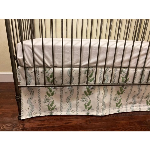 Pleated Crib Skirt, 3 sides 17" drop, standard size crib, Soft Blues and Greens Stripes and Vines (option A)