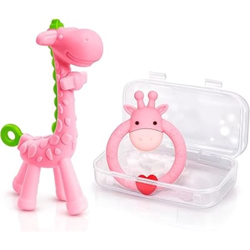 SHARE&CARE BPA Free Silicone Giraffe Baby Teether Toy with Storage Case, for 3 Months Above Infant Sore Gums Pain Relief and Baby Shower, Baby Teething Toys (Pink)