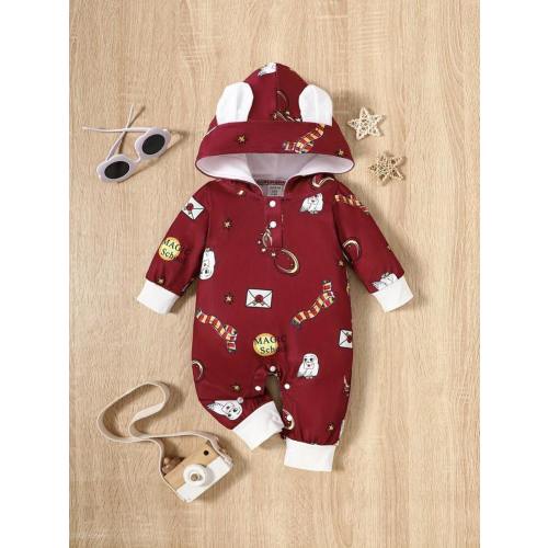 Newborn Baby Boys/Girls Long Sleeve Hooded Footie Jumpsuit With Cartoon Eagle & Bear Ear Decor, Casual Jumpsuit For Autumn/Winter | SHEIN USA