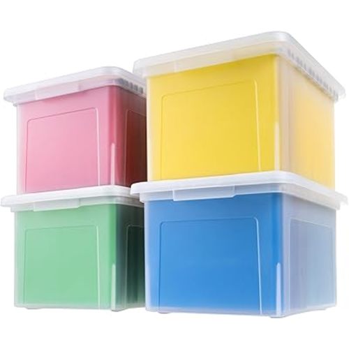 IRIS USA File Box, Plastic File Organizer with Lids for Letter/Legal File, Portable Document Box For Moving, Storage Bin with Durable and Secure Lid, Stackable Nestable BPA-Free, Clear 35 Qt. 4 Pack