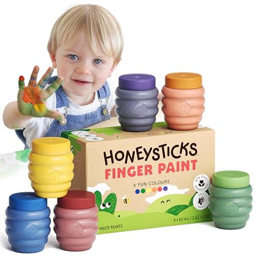 Honeysticks Non Toxic Finger Paint (6 Bright Colors), Washable from Skin, Safe Finger Painting for Toddlers, Kids Ages 1-3, 2-4, 3-5, Perfect First Paint for Little Artists Age 1+, Water Based, Eco