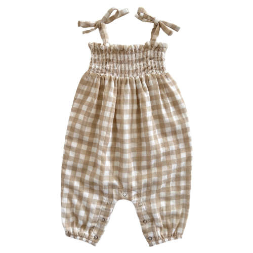 Tan Gingham / Organic Smocked Jumpsuit