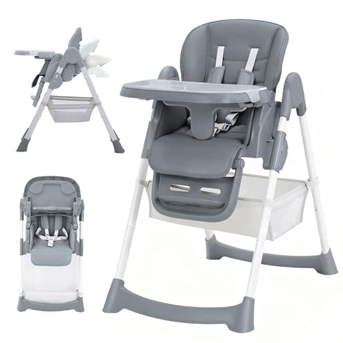 GAOMON Collapsible Baby High Chair – Adjustable Recline & 7 Heights – Removable PU Tray – 5-Point Harness – Locking Wheels – Easy Clean – Portable Feeding Chair for Babies & Toddlers – Dark Gray