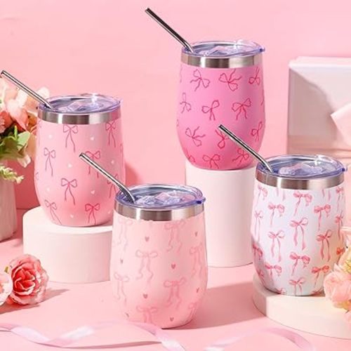 4 Pcs Pink Bow Cups Wine Tumblers with Lid and Straw 12 oz Stainless Steel Insulated Wine Glass Coquette Aesthetic Cute Coffee Cocktail Travel Cups for Women Birthday Party Gifts
