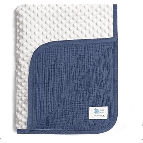 lulumoon Baby Blankets for Boys Newborn: Reversible Muslin & Minky Dotted Backing - Thermal Receiving Blanket for Stroller & Registry Gift 30"x40"(Blue)