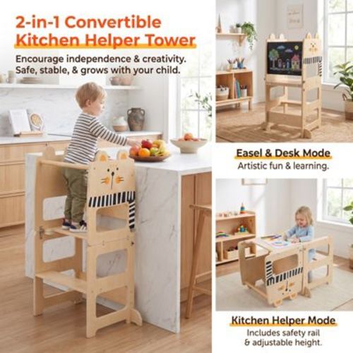 3-in-1 Wooden Toddler Tower Kitchen Step Stool with Chalkboard and Table Set, Black and White, Ages 18 Months and Up