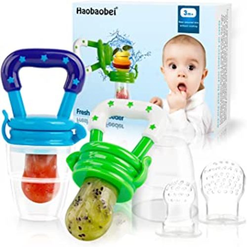 Baby Fruit Feeder/Food Feeder Pacifier for Babies (2 Pack) - HAOBAOBEI Mesh Teethers for Babies, Infant Teething Toy in Appetite Stimulating Colors, Bonus Includes 3 Sizes Silicone Pouches
