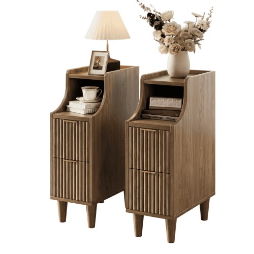UGTOO Set of 2 Nightstands with 2 Drawers and Open Shelf, Mid-Century Modern Slim End Side Table for Bedroom and Living Room, Walnut Finish with Gold Accents