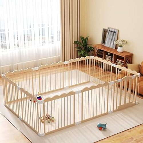 Playpen Large Foldable Play Pen for Toddlers 1-3,Easy Assemble Play Yard Wooden Baby Gates with Door,Expandable Play pens for Kids Safety Baby Playpen with Lock 67x101x24Inch