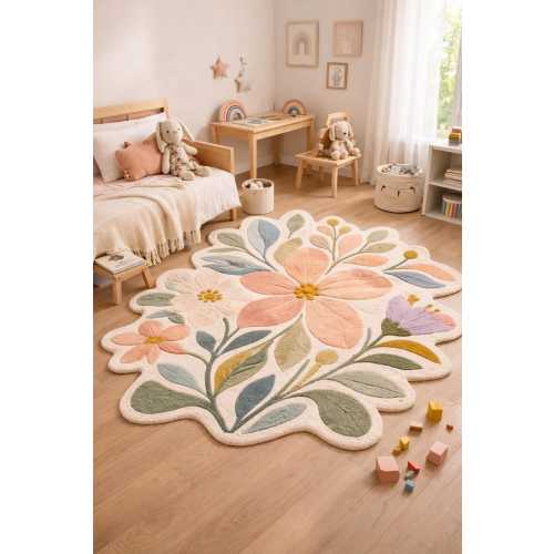 Hand Tufted Wool Floral Rug, 5x5ft