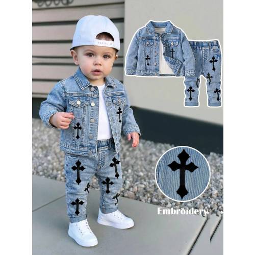 SHEIN 2Pcs Baby Boy Cross-Shaped Pattern Blue Denim Distressed Jacket And Stretch Tight-Fitting Jeans