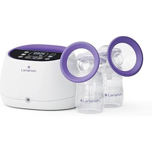 Lansinoh NaturalWave Double Electric Breast Pump White/Purple | Hospital-Grade Suction with 12 Levels, 5 Flange Sizes & Baby-Mimicking Motion | Breastfeeding Essentials for Pumping Moms