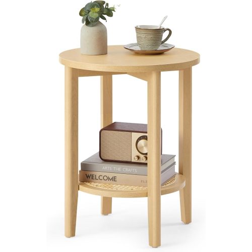 VASAGLE Round Side End Table, 2-Tier Boho Bedside Table with Rattan-Look