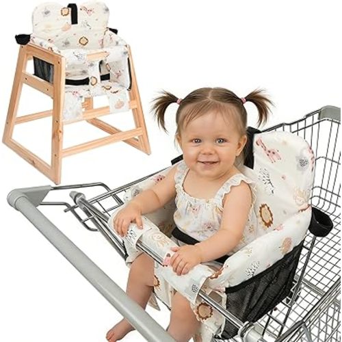 Baby Shopping Cart Seat Cover – Padded Shopping Cart Seat for Baby, High Chair Cover for Restaurant, Unisex Machine Washable Infant Toddler Cart Cover with Storage Pockets – Pink Animals