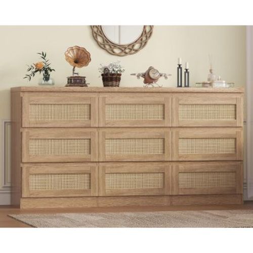 Farmhouse 9-Drawer Dresser with Rattan Accents, Wooden Storage Cabinet