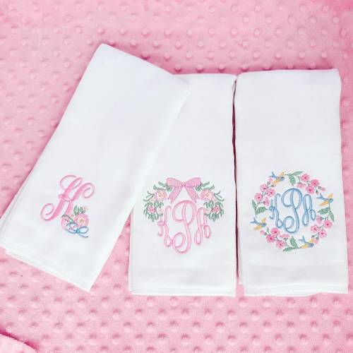Monogrammed Embroidered Burp Cloth Set of 3 - personalized - baby gift - cloth diaper - Baby Girl - pastel flower - floral - Set of 3