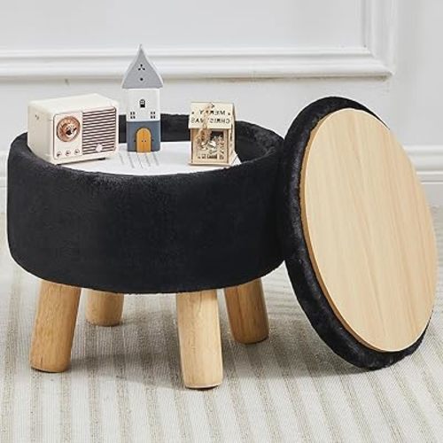 Small Foot Stool Ottoman with Storage, Soft Faux Fur Ottoman Foot Rest for Couch, Round Footstool with Storage, Small Ottomans and Footstools for Living Room and Entryway (Black)