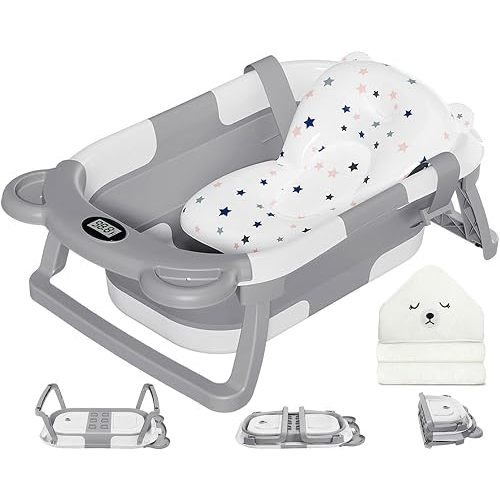 MoreFeel Collapsible Baby Bathtub for Newborn with Thermometer & 1 Hooded Towel & 1 Soft Floating Cushion,Portable Travel Bathtub with Drain Hole, Durable Foldable Baby Tubs for Infants to Toddler