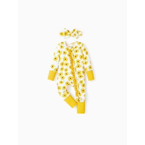 Bamboo Baby Boy/Girl Animal Printed 2-Way Zip Onesies Anti Slip Long-sleeve Footie with Hairband Yellow