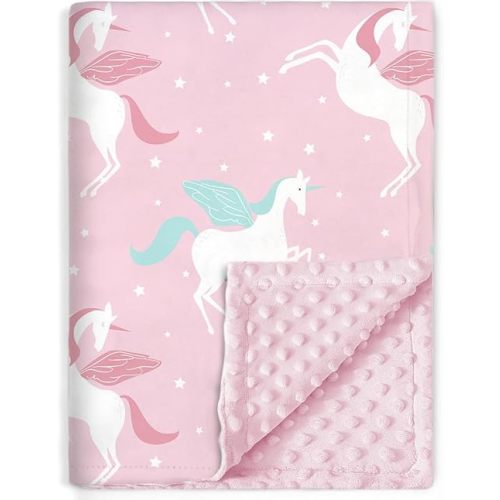 BORITAR Unicorn Baby Blanket for Girls Soft Minky with Double Layer Dotted Backing Ultra Soft and Cute Kids Blanket for Toddler Bed, 30 x 40 Inch Pink