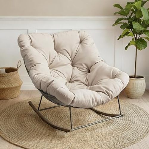 Outdoor Patio Rocking Chair, Oversized Papasan Chair with Cushion and Frame, Comfy Modern Rocker Egg Chair for Living Room, Garden Backyard, Beige