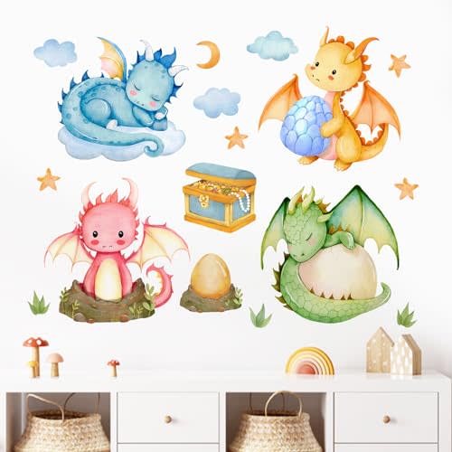 Mfault Baby Dragon Wall Decals Stickers, Watercolor Treasure Dragon Eggs Decoration Nursery Kids Bedroom Art, Moon Stars Cloud Toddler Girls Boys Playroom Living Room Home Decor