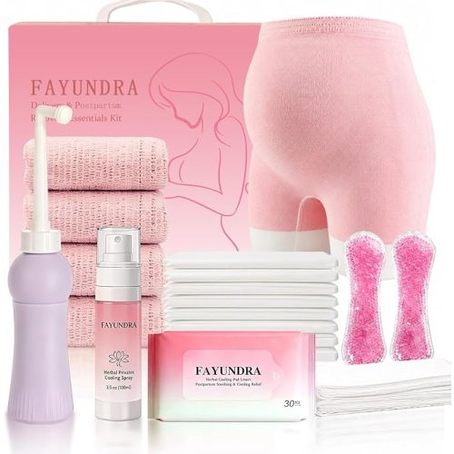 Postpartum Recovery Kit for Mom After Birth, Recovery Essentials with Peri Bottle, Cooling Spray, 4 Disposable Underwear, 30 Pad Liners & Hot Cold Packs