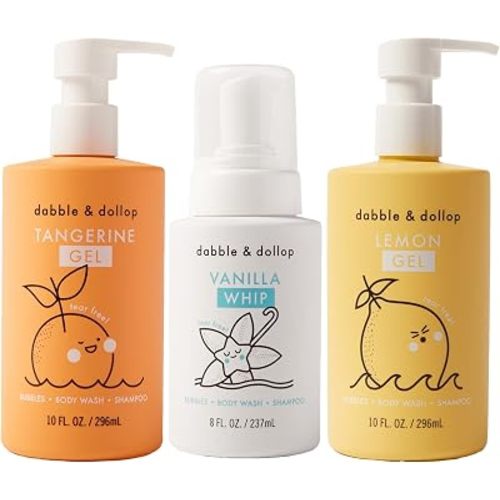 Dabble & Dollop Soft Citrus Kids 3-in-1 Body Wash, Shampoo & Bubble Bath Variety Set – Tangerine, Lemon & Vanilla, Tear-Free, Gentle, Hypoallergenic and Safe for Sensitive Skin (Pack of 3)