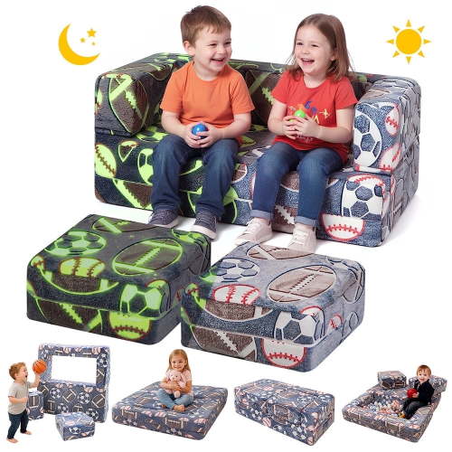 LinkRomat Modular Kids Play Couch, Toddler & Child Sectional Sofa, Glow in Dark, 3-in-1 Convertible Play Couch with High-Density Foam for Boys Girls