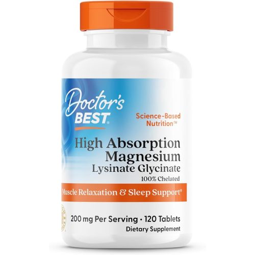 Doctor's Best High Absorption Magnesium Glycinate Lysinate Supplement for Sleep Support - Chelated Magnesium Tablets for Women & Men, 200mg per Serving, Supports Calm & Relaxation, Vegan - 120 Count