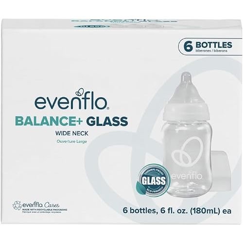 Evenflo Balance+ Glass Wide Neck Baby Bottles, Clear, 6 fl oz, 6 Pack