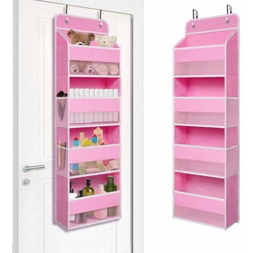 Over The Door Hanging Organizer with 4 Large Pockets – Closet, Bathroom, Nursery, Bedroom, Dorm Storage for Toys, Cosmetics, and Baby Essentials, Pink