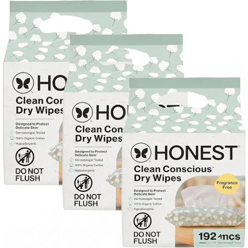 The Honest Company 100% Pure Organic Cotton Dry Wipes, Hypoallergenic, Multi-Use, Baby Facial Cloths, 192 Count (Pack of 3)