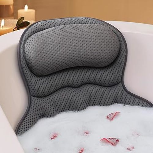 Bath Pillow, Luxury Bath Pillows for Tub, Relaxing Bathtub Pillows for Head and Neck Support, with 4D Air Mesh Fabric and Powerful Suction Cups, Great Bath Tub Accessories, Gray