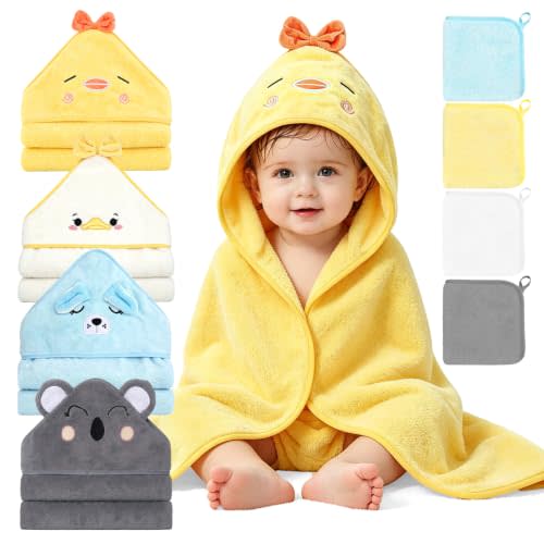 8 PCS Baby Bath Towels Set for Newborn Infants (Chick, Duck, Dog, Koala) | 4 PCS Animal Hooded Baby Towels + 4 PCS Washcloths, Ultra Absorbent Cute Soft Baby Towels for Newborn Bath Essentials Gifts