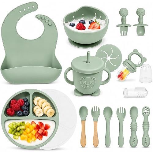 Silicone Baby Feeding Utensils Set for 6+ Months, 17 Pcs, Green
