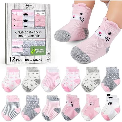 Mother's Choice Organic Cotton Baby Socks 6–12 Months, 12 Pairs Socks Boys Cotton Socks Soft Hypoallergenic Breathable Gentle On Baby Skin Comfortable Daily Wear Essentials For Newborns