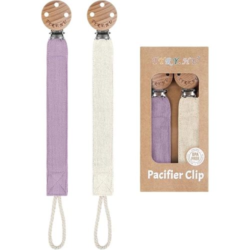 TYRY.HU Ribbon Pacifier Clip Holder,2 Pack Binky Paci Holder Clips, Pacifier Leash, Soft Webbing Strap Universal Fits for Most Pacifier, Styles(Creamy White, Purple)