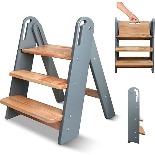 Step Stool for Toddler, 3-Step Kids Step Stool for Bathroom Sink, Foldable Toilet Potty Training Stool with Handles, Child Kitchen Counter Stool Helper Wooden Ladder for Toddlers (Grey) (Grey)