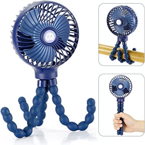 snawowo Mini Handheld Personal Portable Fan, Baby Stroller Fan, Car Seat USB or Battery Powered, with Flexible Tripod Clip on Student Bed Desk Bike Crib Treadmill Camping Traveling(Navy Blue)