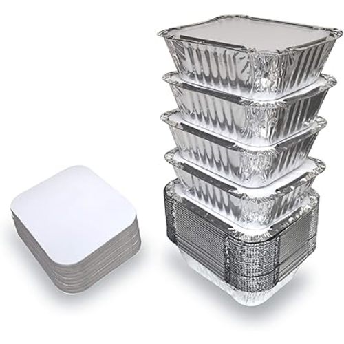 Spare Essentials 55 Pack - Small Foil Pans with Lids - Aluminum To Go Food Containers with Lids - 1lb Mini Aluminum Pans - Freezer Safe Foil Take out Trays - Heat proof Aluminum Meal Prep Containers