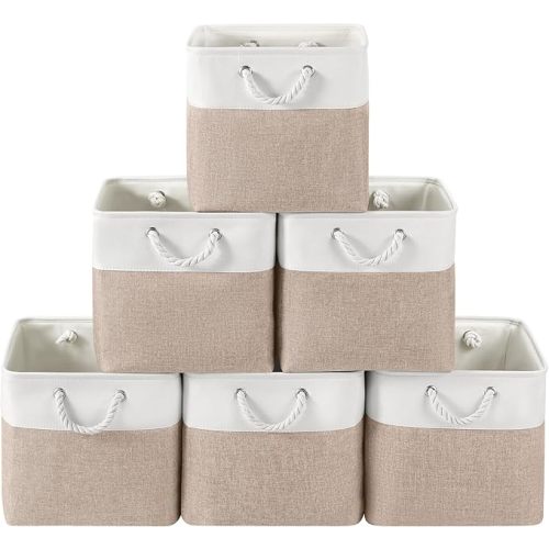 VQRTEXA 13 x 13 Inch Cube Storage Bins, 6 Pack Fabric Storage Basket with Handles, Foldable Boxes Organizer for Shelf Baskets for Home, Clothes (White/Khaki)