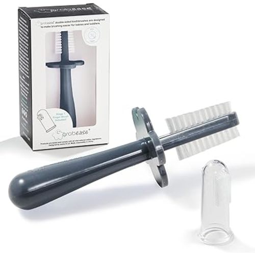 grabease Toddler Toothbrush Double Sided - Baby Training Toothbrush Set with Safety Guard & Finger Brush - Soft Silicone Bristles for Teething Relief - 1 Count, Gray