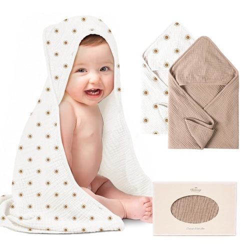 Konssy 2-Pack 100% Muslin Cotton Hooded Baby Bath Towels for Boys and Girls