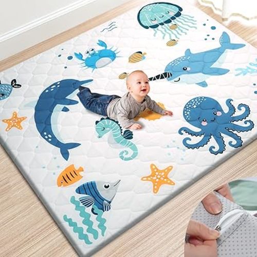 Premium Foam Baby Play Mat 71x59 – Removable & Machine Washable Cover, Extra Thick Padding Playpen Mat, Non-Slip Crawling Mat, Easy to Clean for Infants, Toddlers & Babies